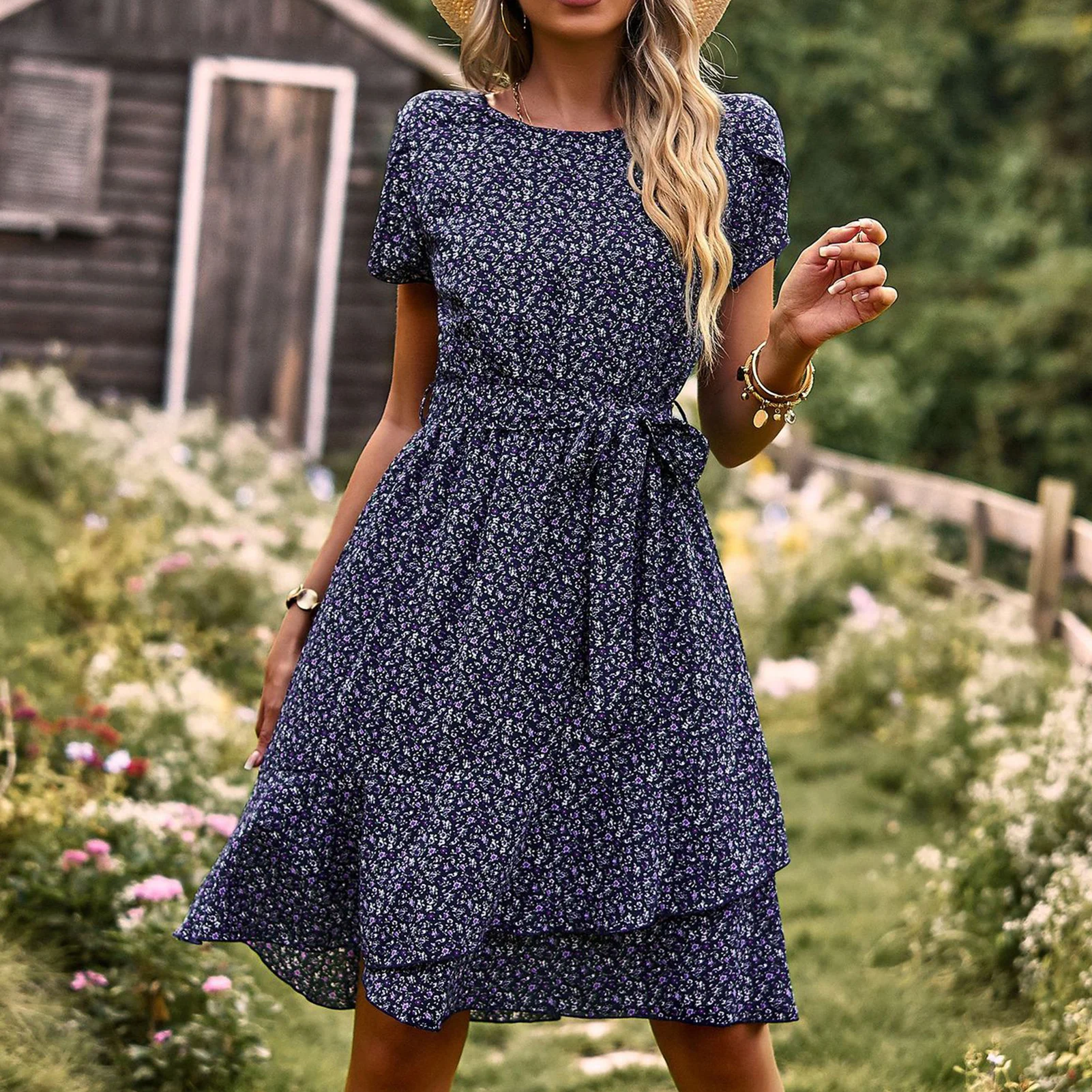 

Ruffle Hem Summer Dresses Women A-Line Dress Crew Neck Floral Fashion Boho Midi Dresses with Belt Flowy Dresses Female Clothes