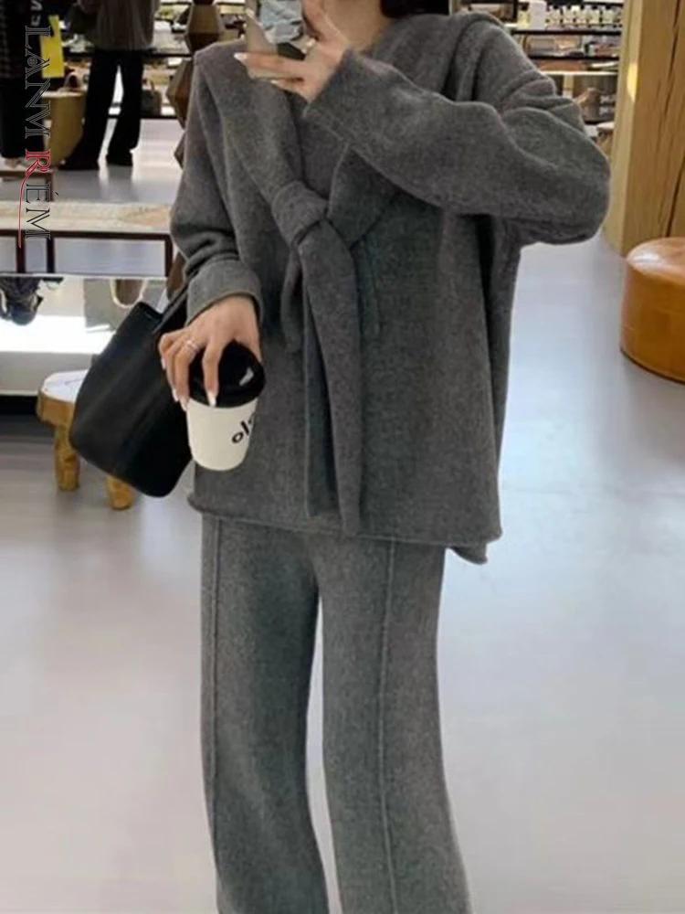 

LANMREM Женский вязаный комплект из 3 предметов, Повседневный свитер с шалью и длинными рукавами, прямые штаны с высокой талией, модная новинка 2023, зима, 2AA2892