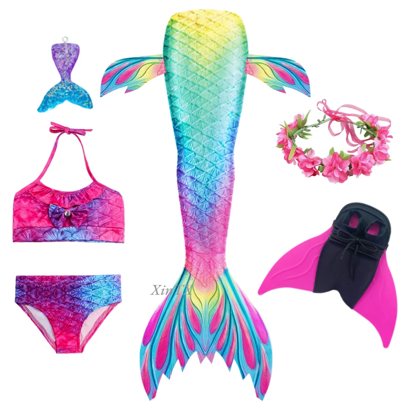 

Girls Mermaid Tail Kids Costume With Fins Swimming Possible Swimsuit Halloween Cosplay Flower Necklace 6pcs/Set