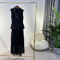 black notched collar sleeveless 2022 top quality peplum lace patchwork belt deco midi side slit summer dress women
