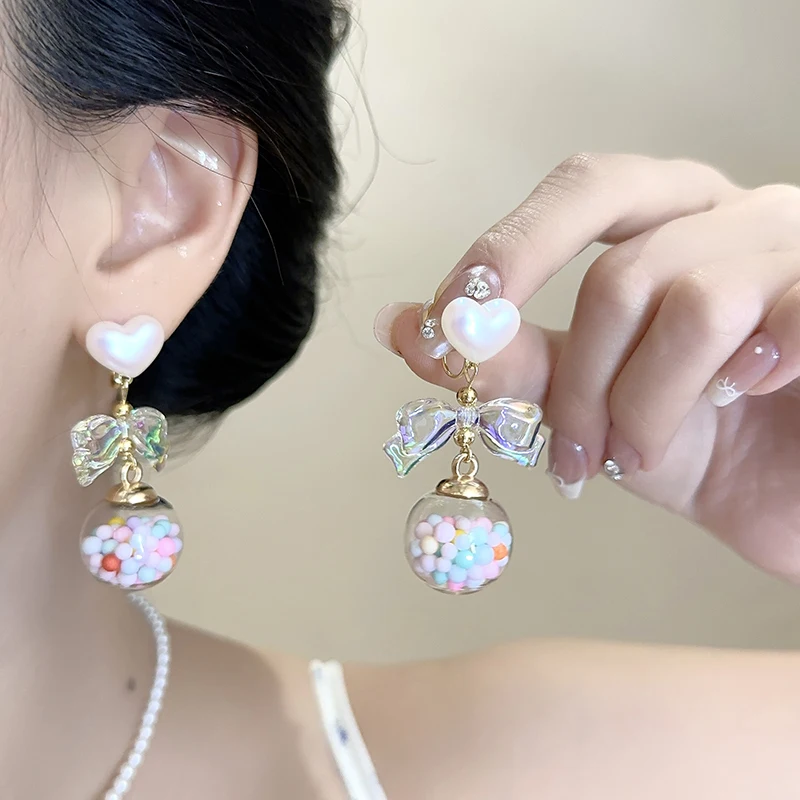 Милые серьги-гвоздики с бантом Sweet Love женские цветные стеклянные шарики макарон