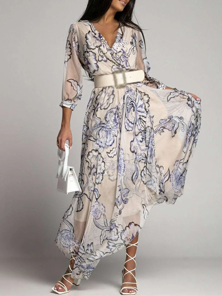 

Ladies Spring Summer Holiday Dress Commuter Elegant V-Neck Irregular Swing Dress Fashion Floral Print Long Beach Dress Office