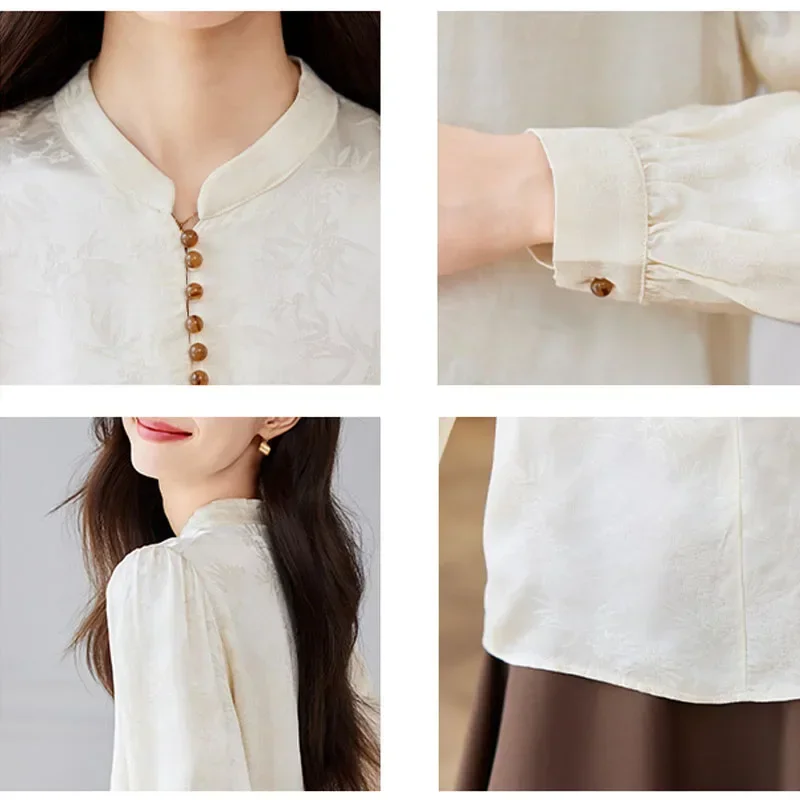 Новая женская блузка с воротником-стойкой однотонная длинным рукавом рубашка