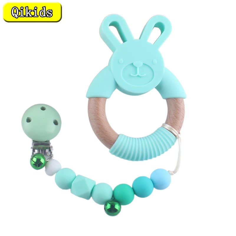 

1Pcs BPA Free Pacifier Chain Animal Silicone Teether Wooden Rabbit Ring Accessories Teething Toys Food Grade Baby Teethers Gifts