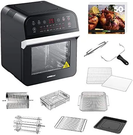 

Deluxe 12.7-Quarts 15-in-1 Electric Air Fryer Oven with Rotisserie and Dehydrator + 50 Recipes QT, Black/Silver
