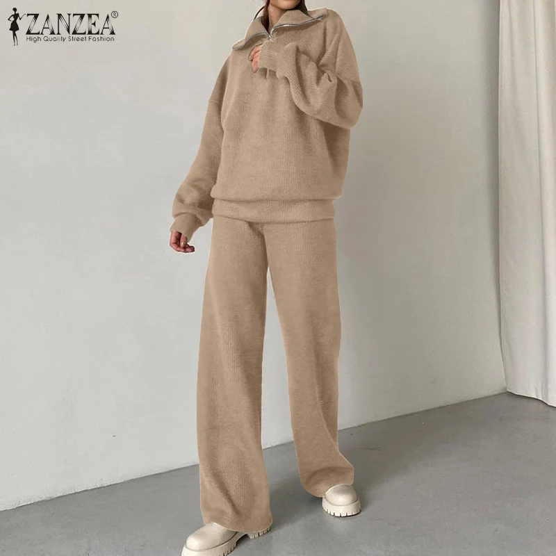 

Bohemian Suit Elegant Casual Loose Fashion 2PCS Full Sleeve Solid Blouse Button Holiday Elastic Pants 2022 ZANZEA Women Spring