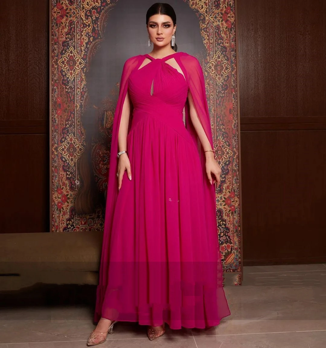 

Private Custom Chiffon Halter Cap Sleev Prom Evening Dress For Women A-LINE Ankle-Length Formal Gown