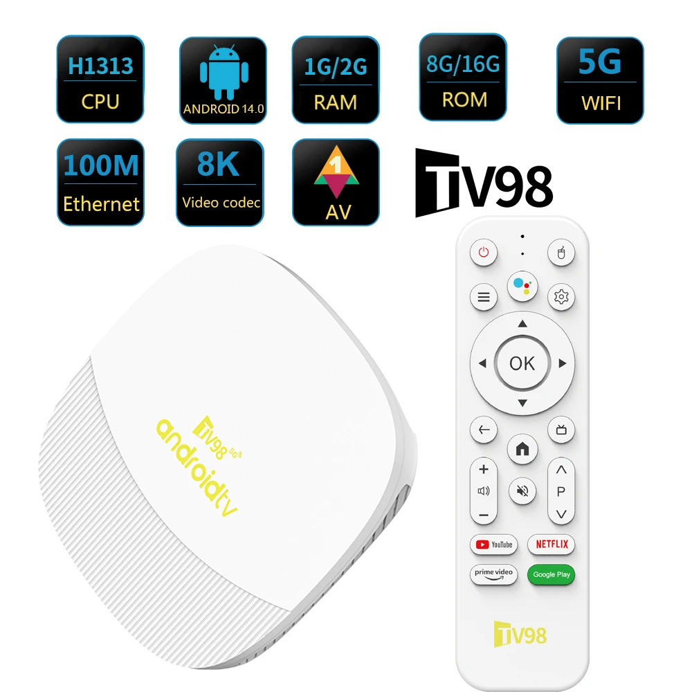 Фото ТВ-приставка TV98 ATV MAX Smart TV Box с процессором Allwinner H313, 2 ГБ оперативной памяти, 16 ГБ встроенной памяти, Android 14, поддержкой 8K HDR, двухдиапазонным Wi-Fi 2.4G и 5G, Bluetooth 5.0 и голосовым пультом дистанционного управления. №1