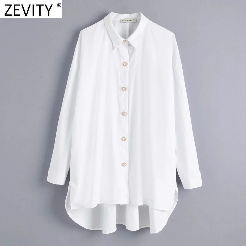 Zevity New Women Fashion Diamond Buttons Decoration White Poplin Smock Blouse Office Ladies Loose Shirts Chic Blusas Tops LS7408