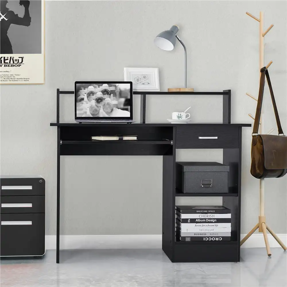 

Wooden Home Office Computer Desk with Drawers and Keyboard Tray, Black