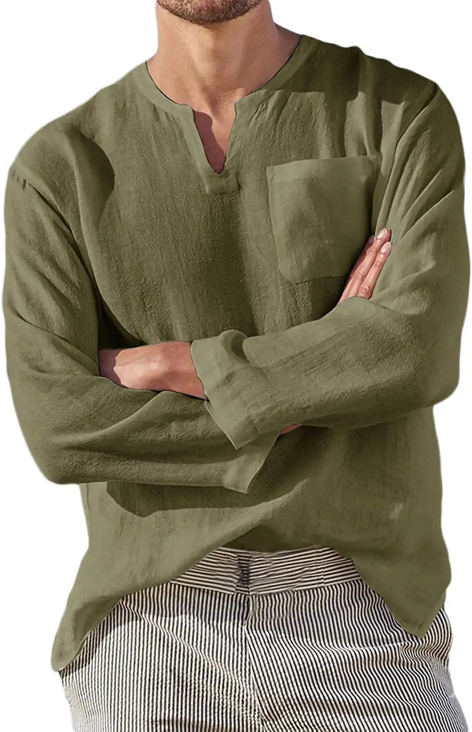 men's long-sleeved V-neck Shirt spring autumn Imitation cotton linen casual loose comfortable Beach Style Men's Pullover Shirt