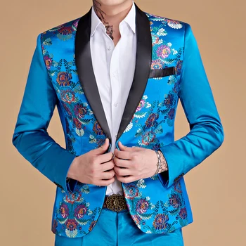 2022 Fashion New Men's Blue Stage Banquet Solid Color Suit Coat / Male Slim Wedding 2 Pieces Blazers Jacket Pants Trousers 1