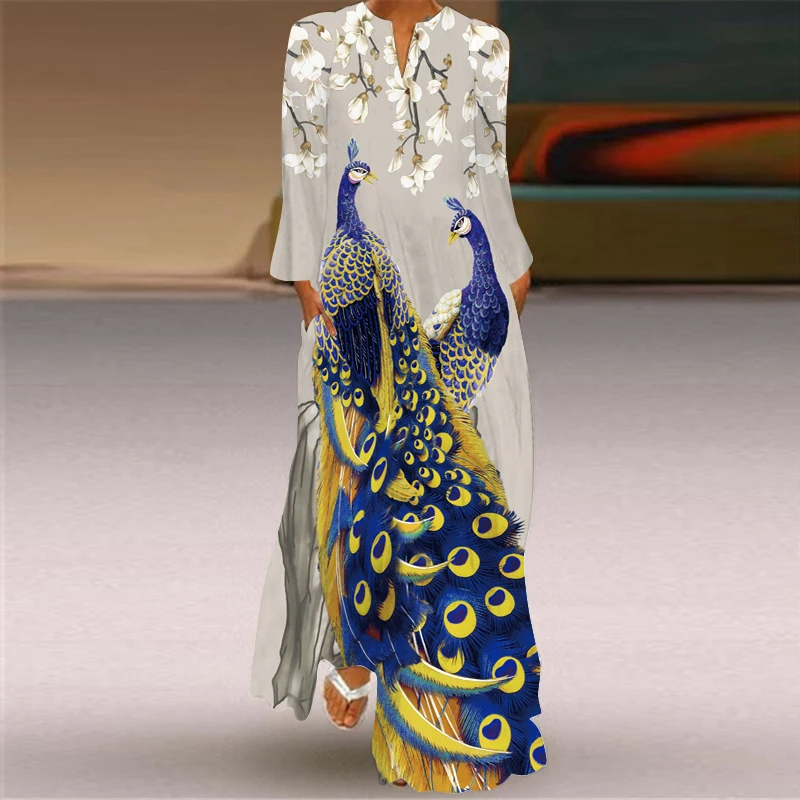 Golden Peacock 3D Printed Summer Dress 2023 Long Sleeve Breathable Loose Long Dresses Woman Elegant Casual Fashion Pocket Dress