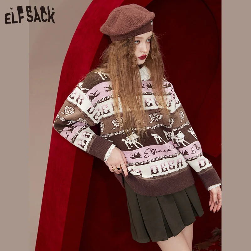 ELFSACK Vintage Jacquard Pullover Sweaters Women 2022 Autumn/Winter Loose Basic Daily Tops