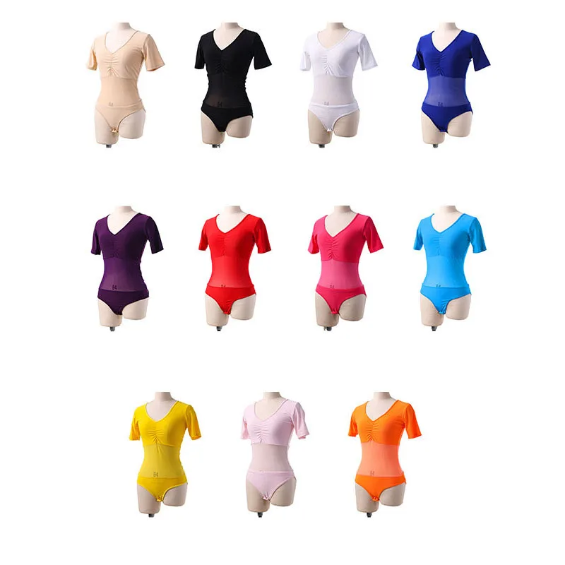 

Sexy V Neck Sheer Mesh Short Sleeve Leotard Top See-through Bodysuit Womens Ladies Belly Dance Practice Bottoming Shirt Bodysuit