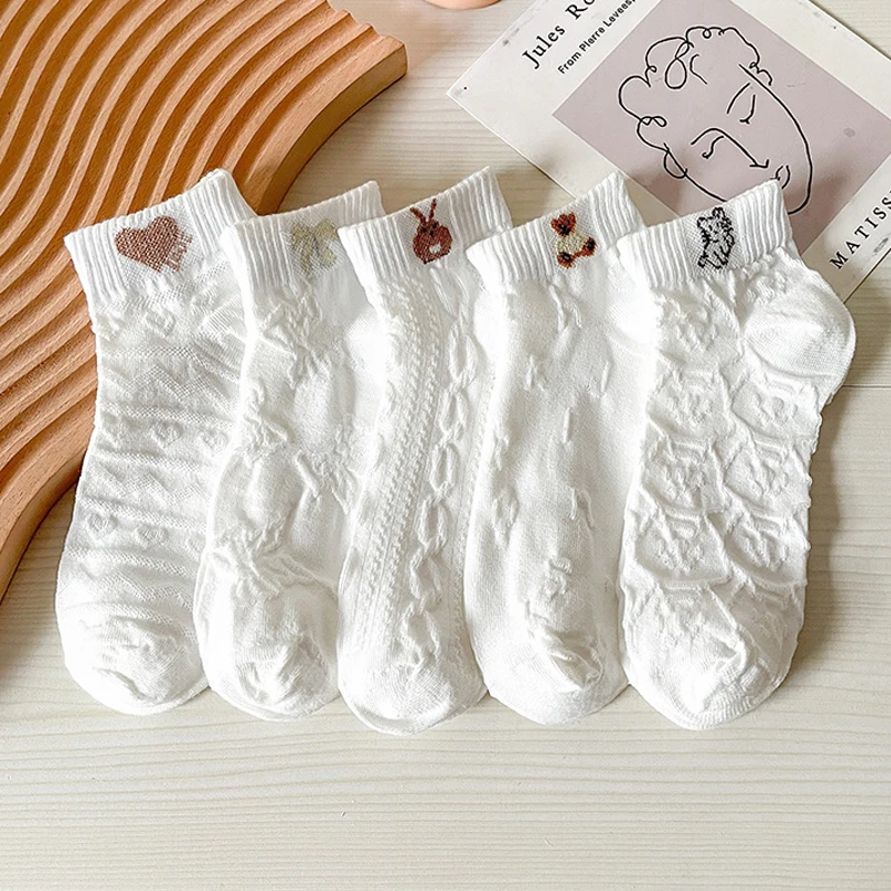 5 Pairs/set Women Socks Cotton Leisure Socks for Women Spring and Summer Korean Girls Japanese Cute Ins Tide White Girls Socks