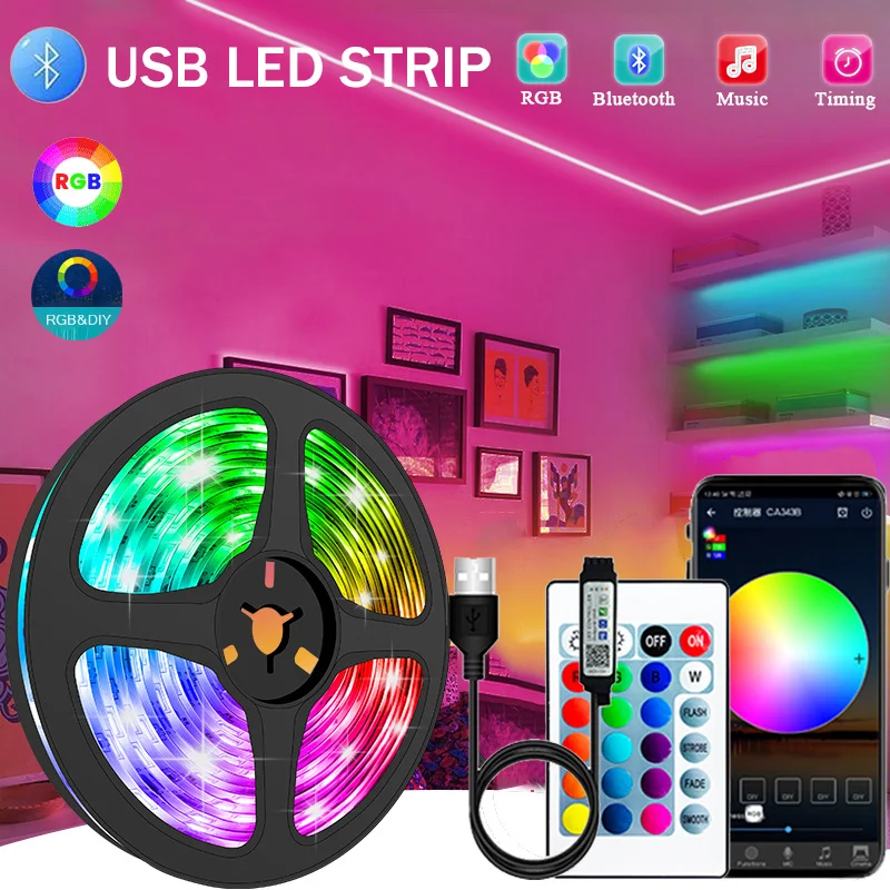 

Светодиодная лента RGB с управлением через приложение, меняющие цвет, 5 В, Светодиодная лента с USB, режим 5050 для украшения комнаты, Bluetooth, ТВ, ...