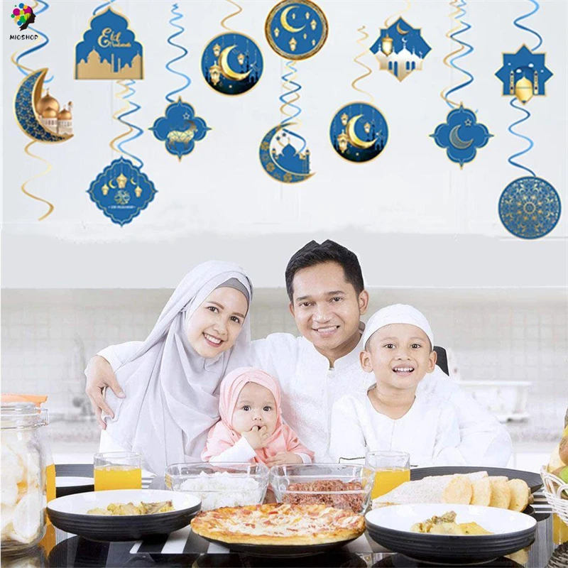 

12pcs Eid Mubarak Spiral Banner Islamic Muslim Gold Swirl Eid Pendant Festival Party Decoration for Ramadan Themed Party
