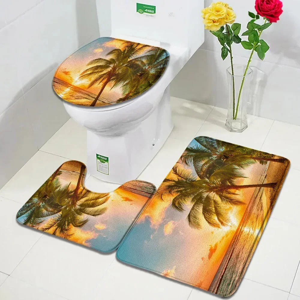 Сумеречный пляжный коврик для ванной комплект остров кокосовая пальма закат