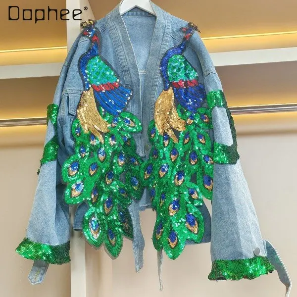 Trendy Brand V-neck Peacock Sequined Long-Sleeved Denim Jacket Women's Spring and Autumn New Short Waist-Tight Denim Coats