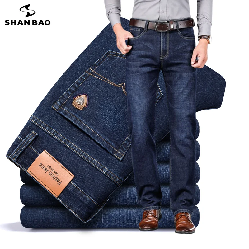 

SHAN BAO 2023 autumn spring fitted straight stretch denim jeans classic style badge youth men's business casual jeans trousers