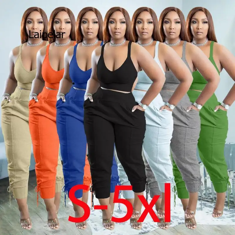 

S-5XL Trousers Set Solid Color Vest Slim Pants Set Woman 2 Pieces Summer Tracksuit Outfits Fashion Casual African Ladies Clothes