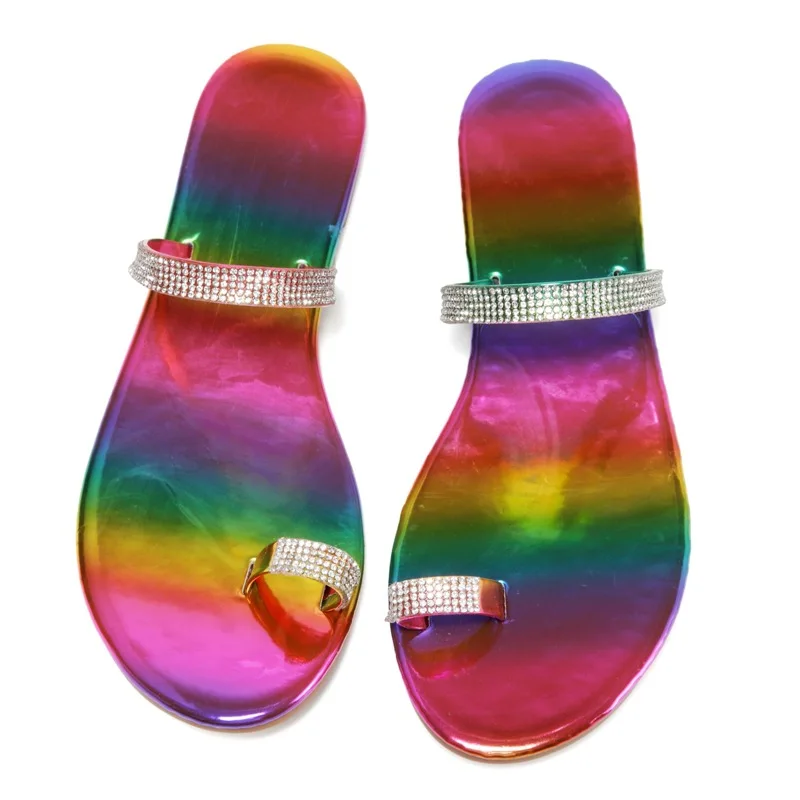 Summer Casual Beach Flats Shoes Flip Flops Women Slippers Slip On Slides Rainbow Rhinestones Fashion Slippers Sandals Woman Shoe