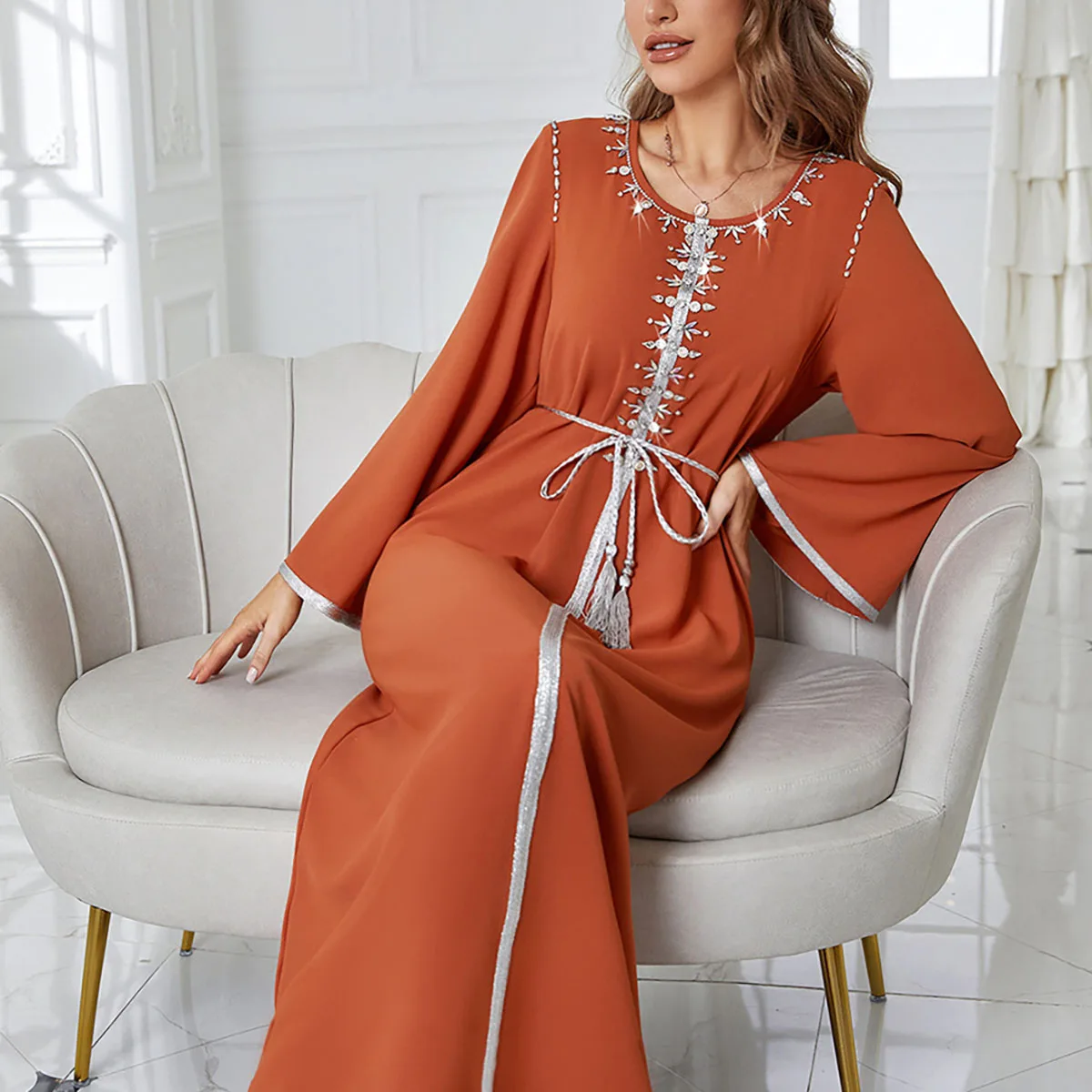 New Arrival Women Round Neck Symphony Rhinestone Middle East Kaftan Dress Abaya
