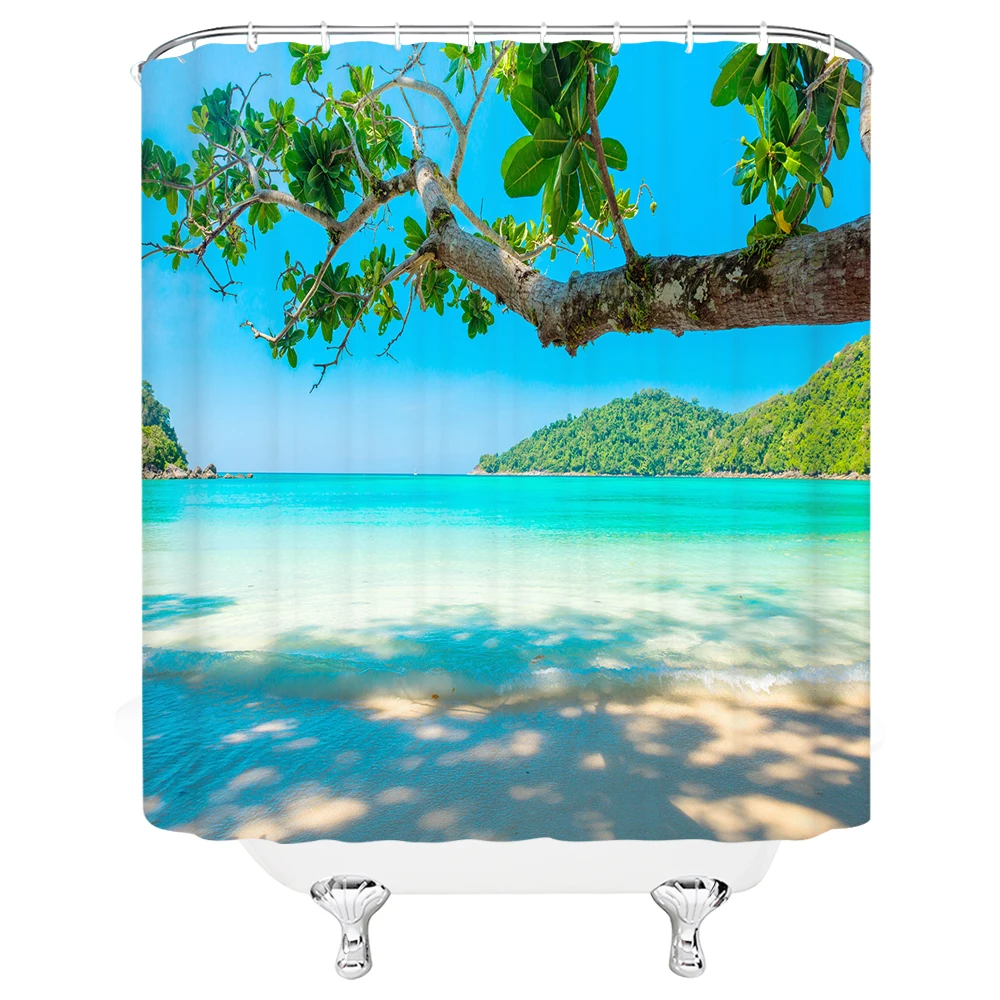 

Ocean Beach Shower Curtain Tropical Hawaii Seaside Nature Landscape Palm Tree Bathroom Decor Curtain Set Waterproof Fabric