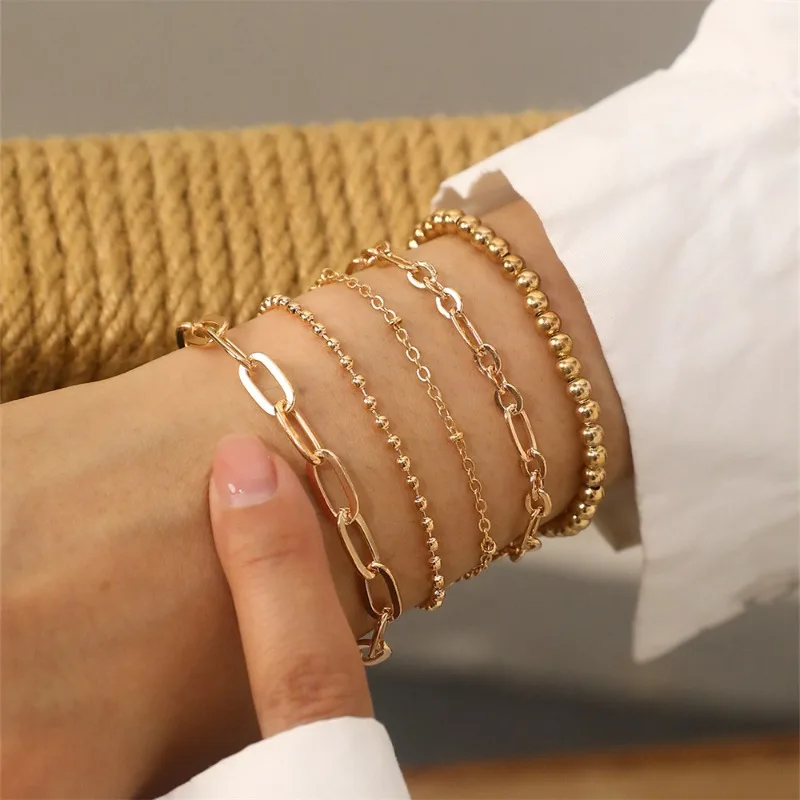 

6-Piece Set of New Fashion Beaded Chain Simple Paper Clip Thick Chain Versatile Beaded Women's Bracelet Set Bracelet Gift