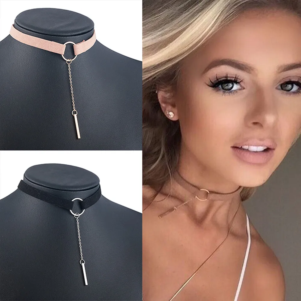 

90'S Punk New Fashion 4 Colors Leather Choker Necklace Gold Color Geometry With Round Pendant Collar Necklace For Women Girls