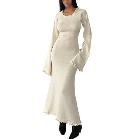 Шикарное и элегантное женское вязаное облегающее платье с длинным рукавом, однотонное длинное платье с открытой спиной, круглым вырезом и оборками, пляжная одежда