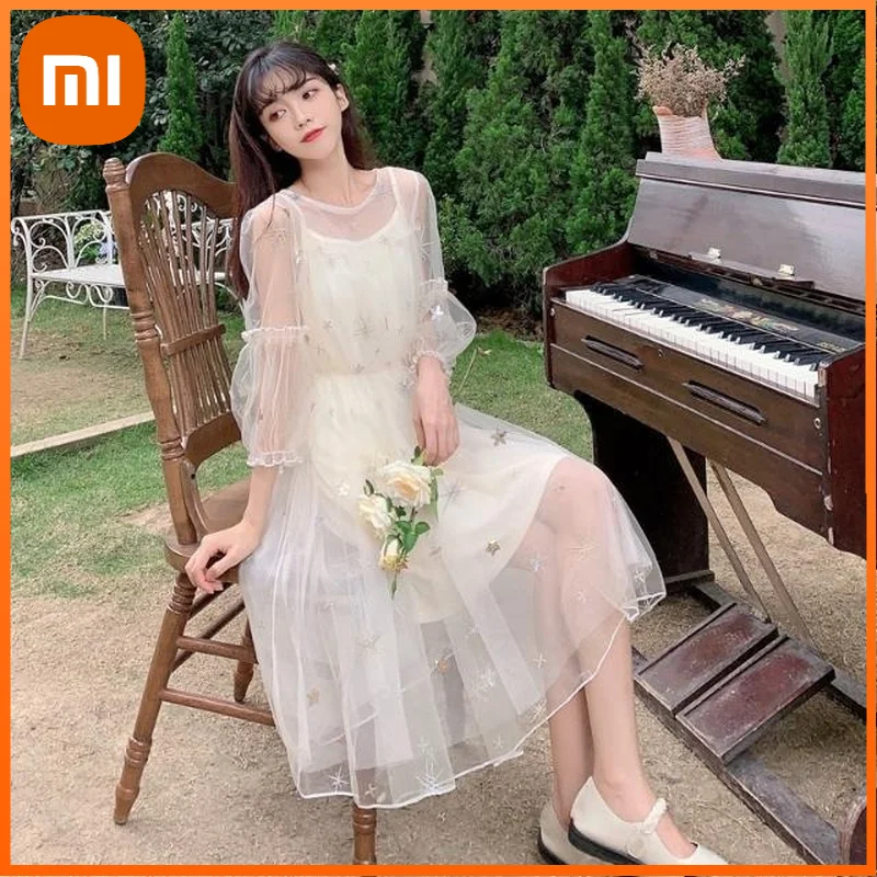 

Xiaomi Summer Sweet Mesh Dress Women Casual Holiday Midi Embroidery Sequins Dress Female Puff Sleeve Kawaii Princess Y2k Dress