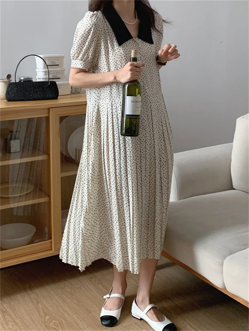 

Женское винтажное платье в горошек, повседневное свободное облегающее платье в горошек с отложным воротником и складками, Офисная модель ...