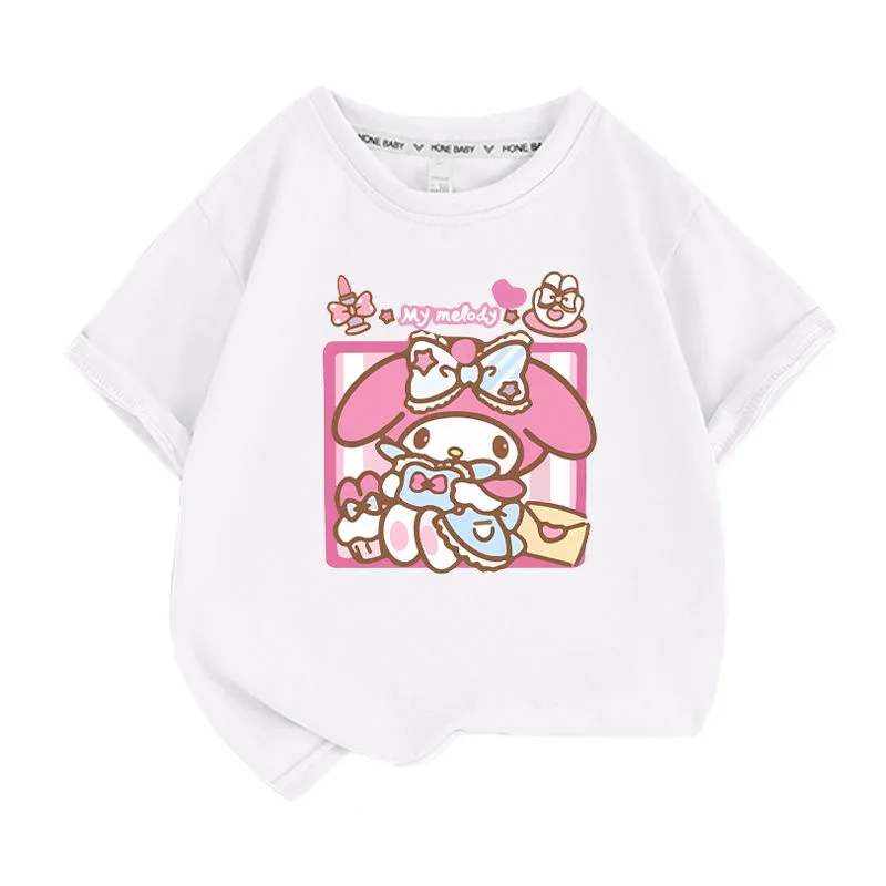 

Sanrio Mymelody Short Sleeved Top Girls' T-Shirt Summer Clothes Children's Loose Fitting Half Sleeved Top Round Neck T-Shirt