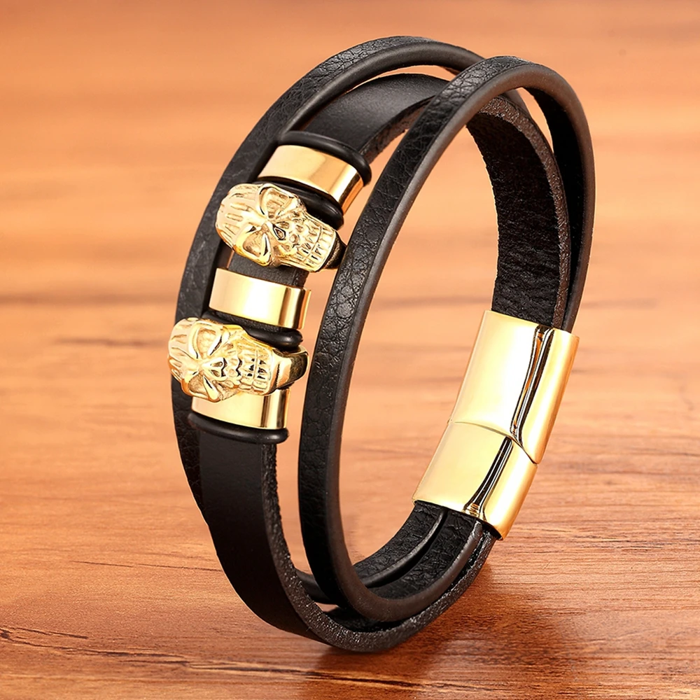 XQNI панк хип-хоп рок кожаный браслет модный из нержавеющей стали с черепом