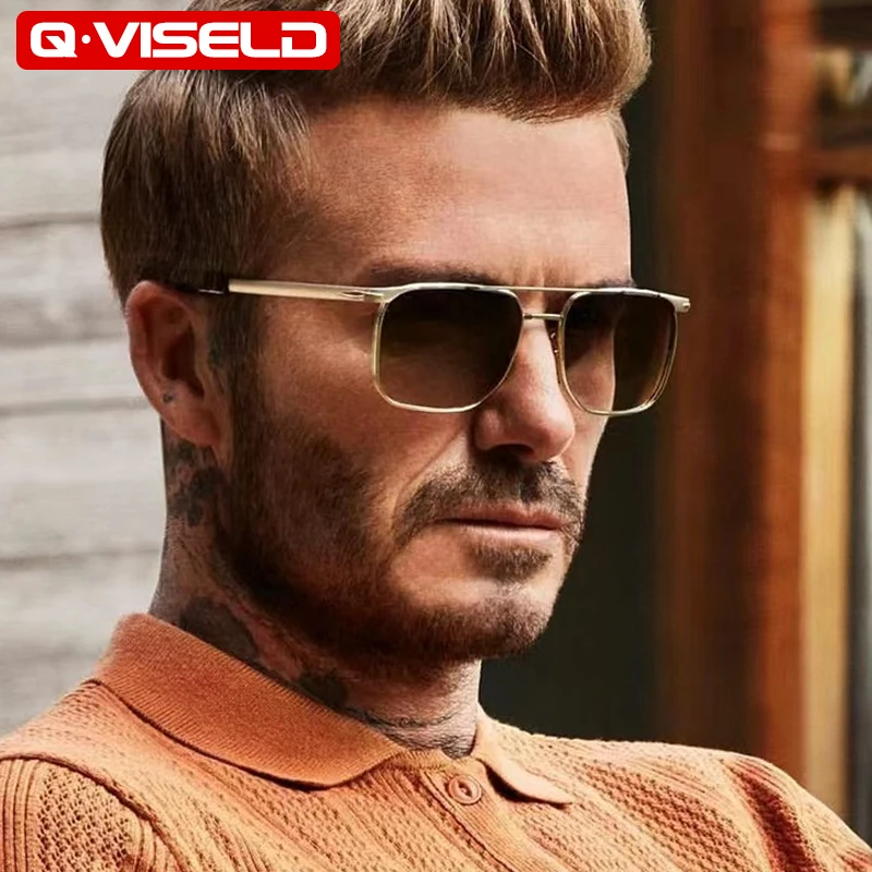 

QVISELD David Beckham Same Square Sunglasses For Men 2022 Luxury Brand Designer Fashion Retro Vintage UV400 Metal Sun Glasses