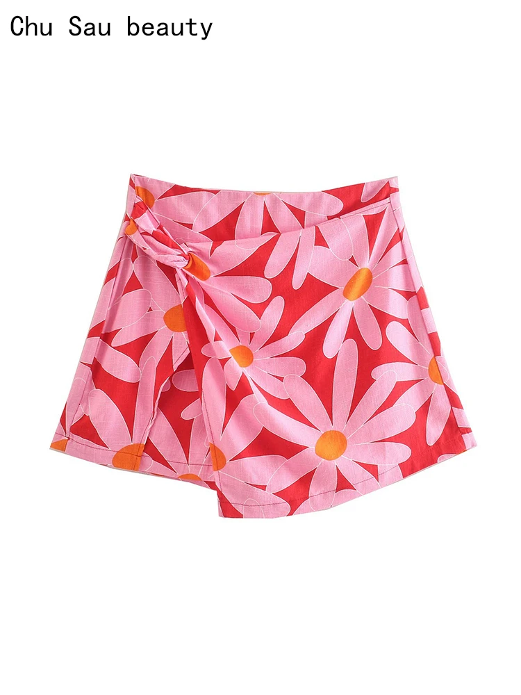 

2023 Women Summer Fashion Sweet Floral Print Flax Shorts Skirts Beach Style Low Waist Zipper Fly Skorts Chic Cute Wrap Short