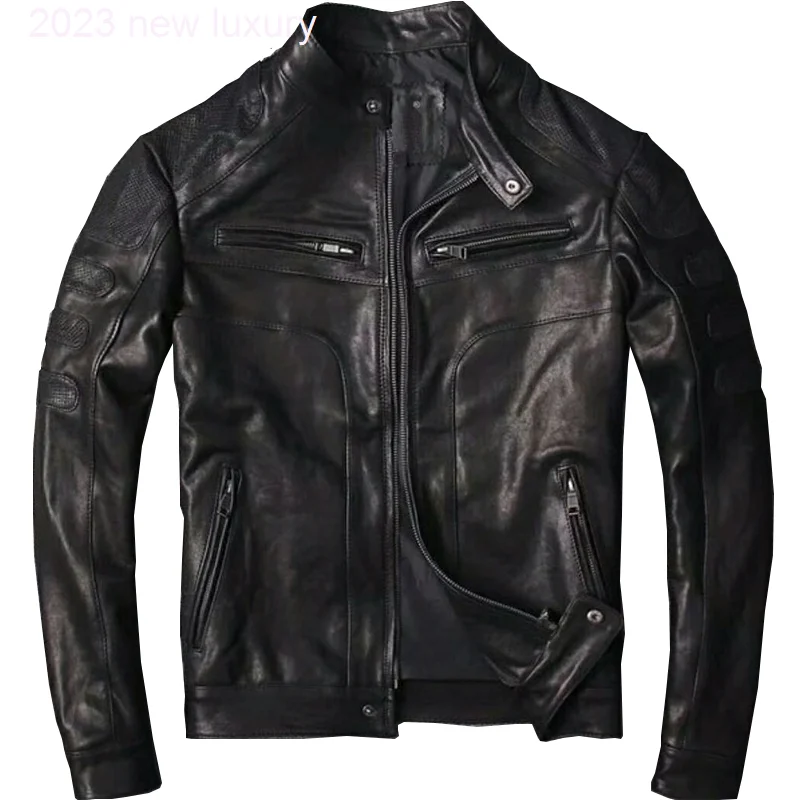 

Shipping DHL Free Classic Men 100% Natural Goatskin Jackets Summer Spring Slim Fit Stand Collar Black Short Man Leather Coat