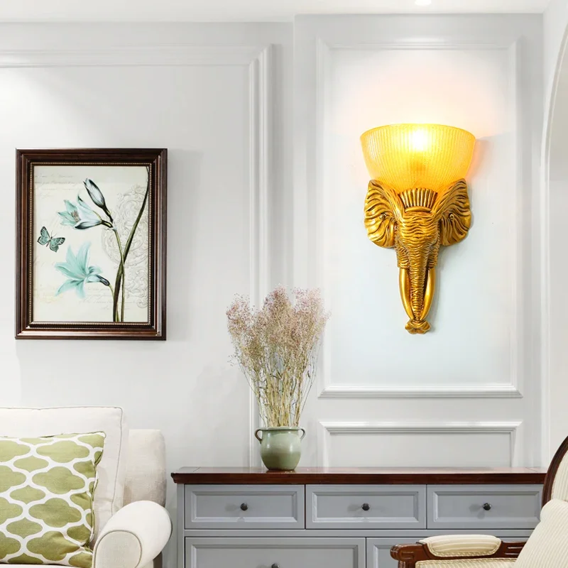 

Creative Elephant Bedroom Wall Lamp Nordic Resin Bar Stair Wall Light Living Room Aisle Glass Sconce Hotel Bathroom Gold Lights