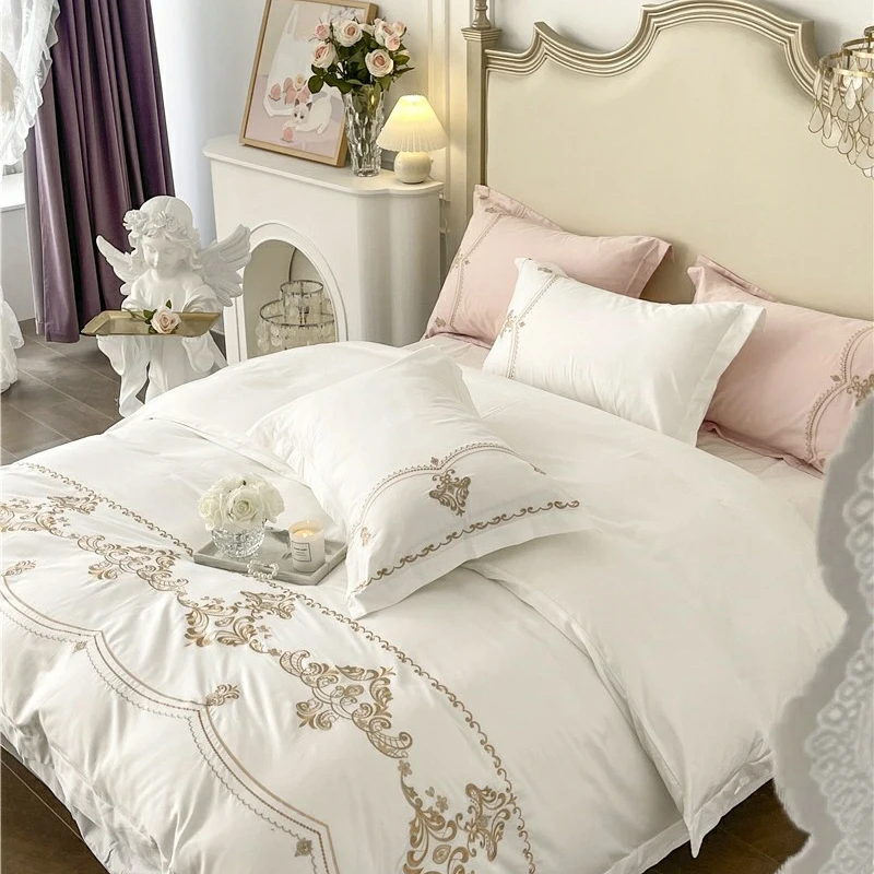 

Chic Embroidery Home Textile Bedding Set 100% Cotton Solid Color Quilt/Duvet Cover Fitted Bed Sheet Bedspread Pillowcases