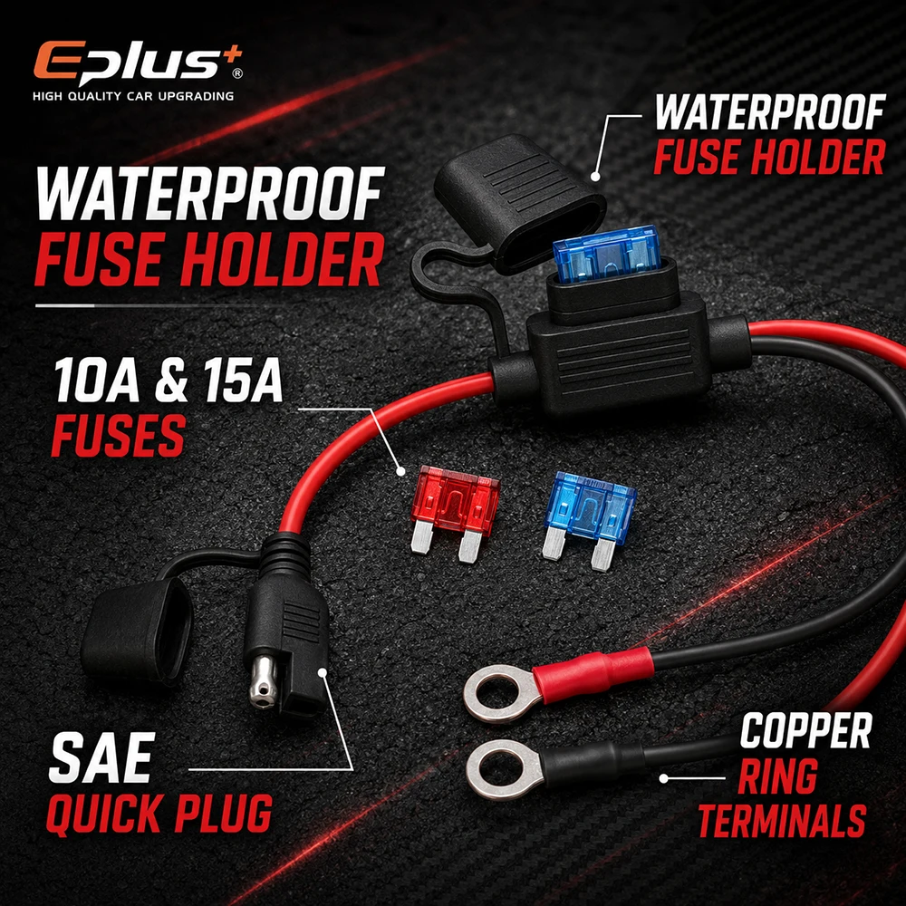 Фото Кабель для подключения аккумулятора Eplus 10-18AWG, 60 см, SAE на кольцевой клемме с встроенным блоком предохранителей для автомобилей и лодок 12В/24В №3
