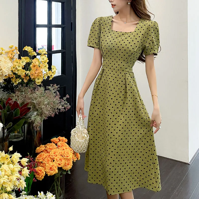 

Dresses for Women Elegantes 2022 Fashion French Style Square Neck Short Sleeve Waist Wave Point Sweet Green Color Patchwork 2926