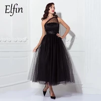 elfin a line vintage black dotted prom dresses one shoulder ankle length tulle evening gowns formal dress party