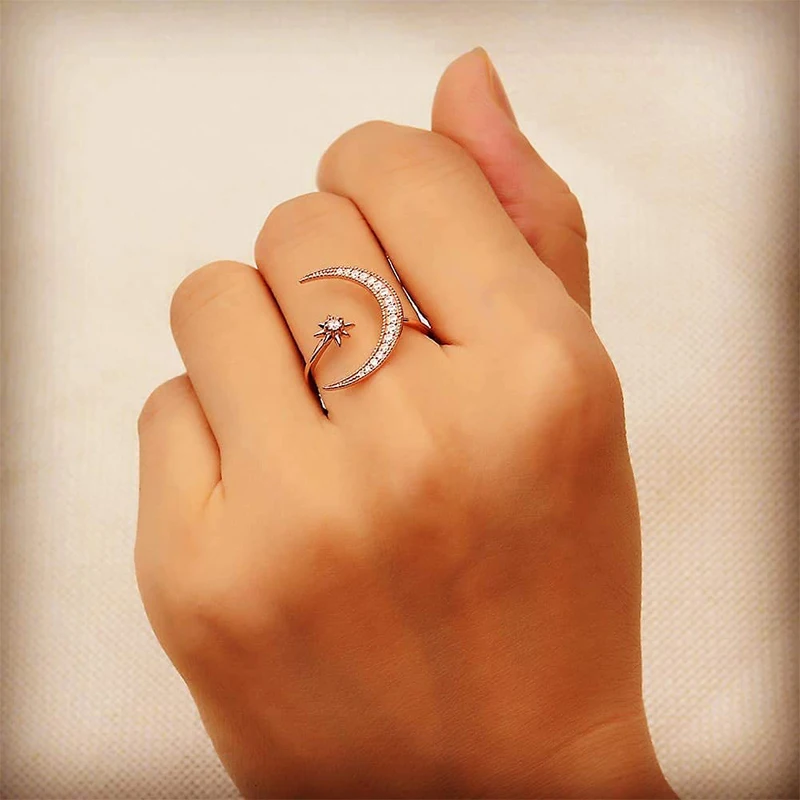 

Crescent Moon Star Rings for Women Girls Adjustable Moon Ring Cubic Zirconia Minimalist Ring Valentines Day Gift for Her