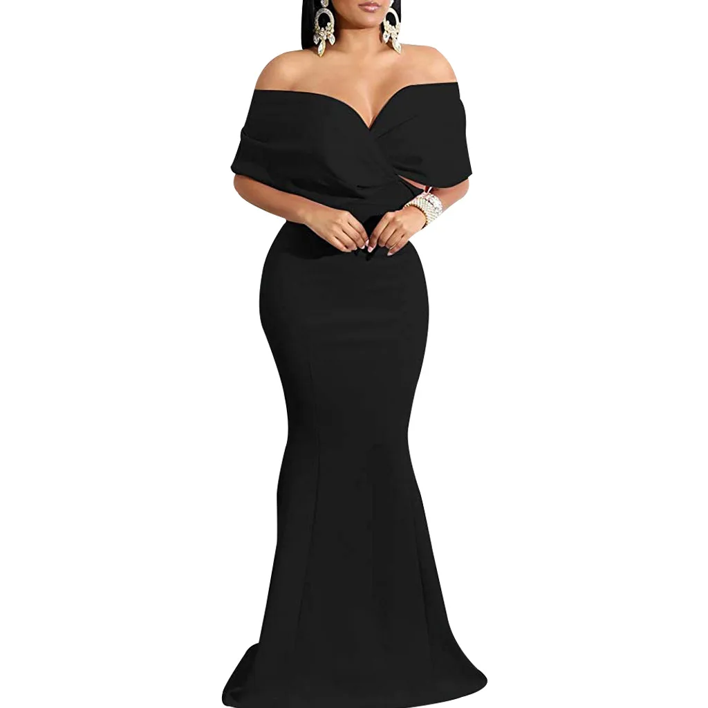 

Elegant Dresses for Women 2022 Summer Solid Floor-Length Dress Women Off Shoulder V-Neck Dresses Cocktail Dresses for Wedding