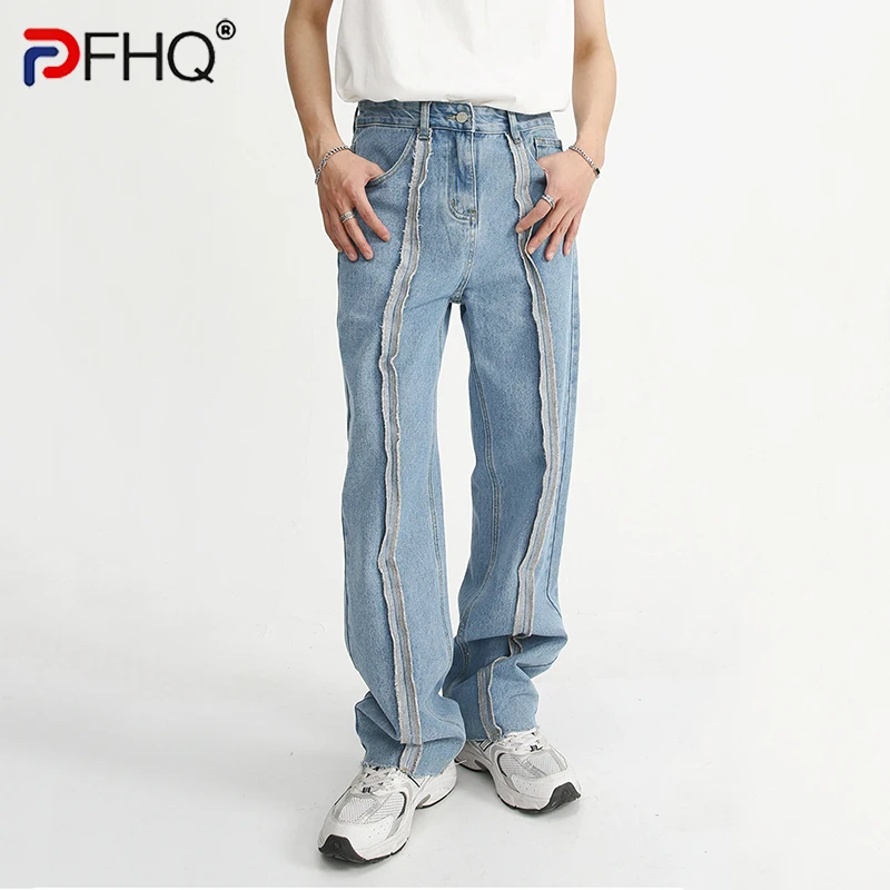 

PFHQ Korean Fahsion Men's Raw Edge Jeans High Street Male Spliced Denim Trousers Straight Casual Wide Leg Pants 2023 Spring New