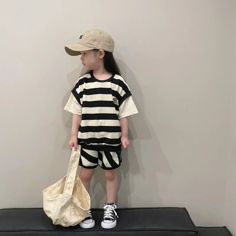 

2022 summer children striped clothes set boys and girls patchwork short sleeve Tee and shorts 2pcs outfits