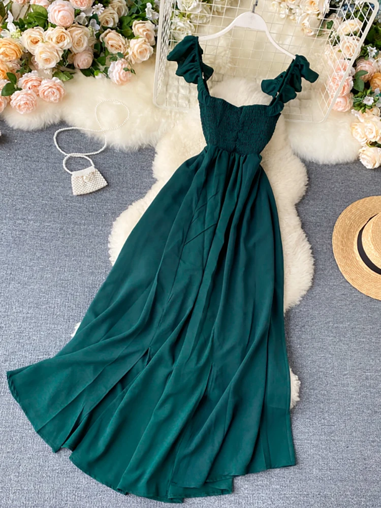 

Sexy High Waist Slash Neck Women Long Dress Elegant Big Swing A-line Vestidos Verano Vintage Green/Red Party Robe For Female