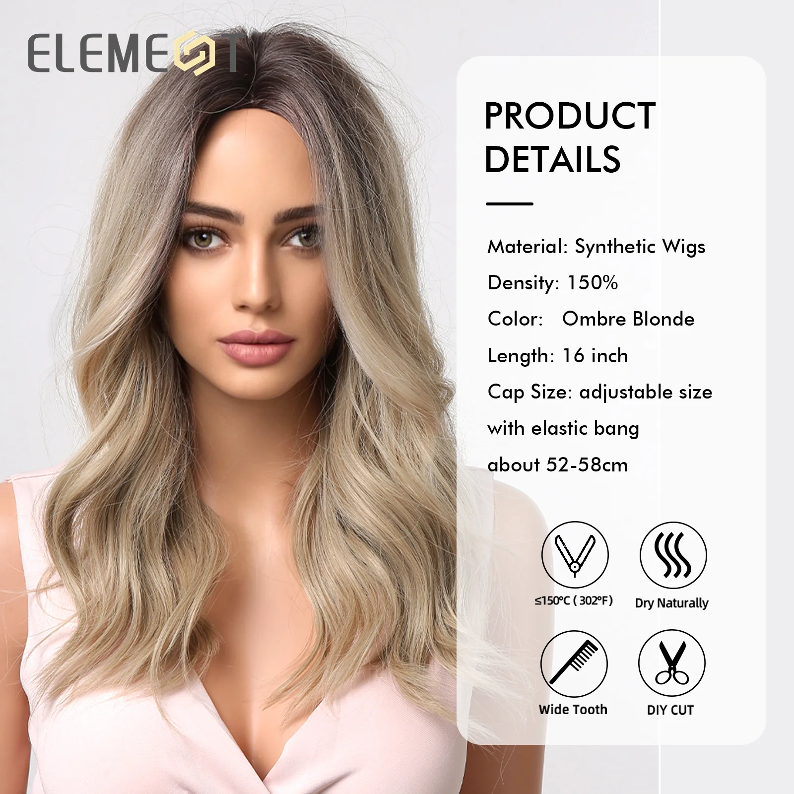Синтетический парик Element длинный средний волнистый с эффектом омбре черный